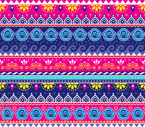 Pakistani or Indian truck art vector seamless pattern, decorative truck floral design with flowers and abstract shapes 