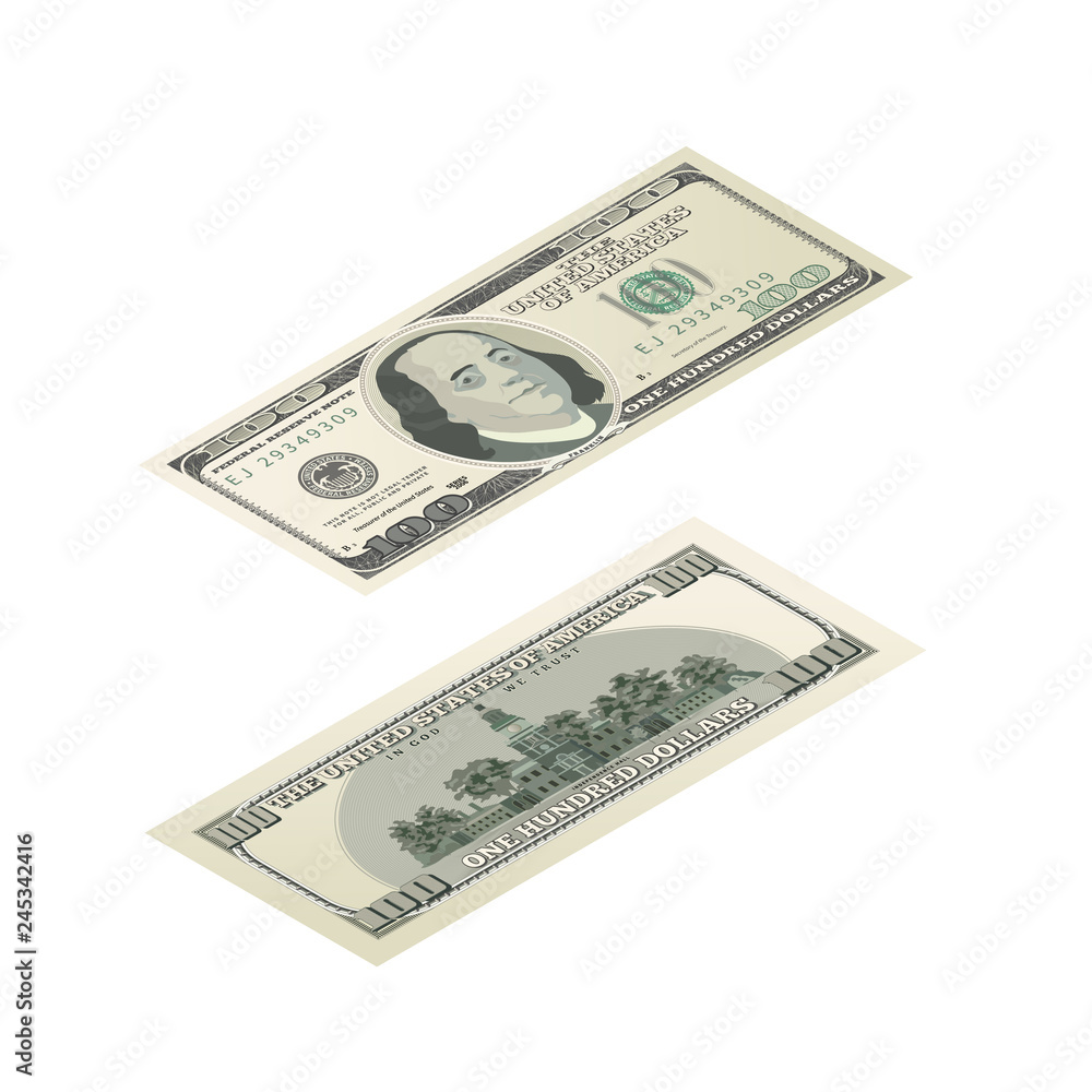 One hundred USA dollars banknote, front and back detailed coupure in isometric view on white One hundred USA dollars banknote, front and back detailed coupure in isometric view on white