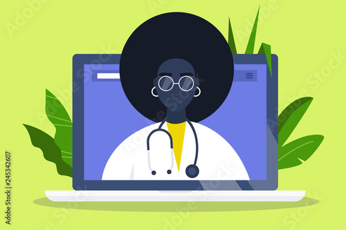 Doctor appointment. Online consultation. Modern healthcare technologies. Hospital. Millennial black female therapist. Flat editable vector illustration, clip art