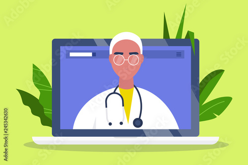 Doctor appointment. Online consultation. Modern healthcare technologies. Hospital. Millennial male therapist. Flat editable vector illustration, clip art
