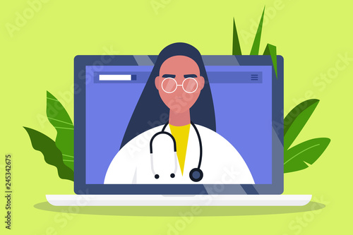 Doctor appointment. Online consultation. Modern healthcare technologies. Hospital. Millennial female therapist. Flat editable vector illustration, clip art