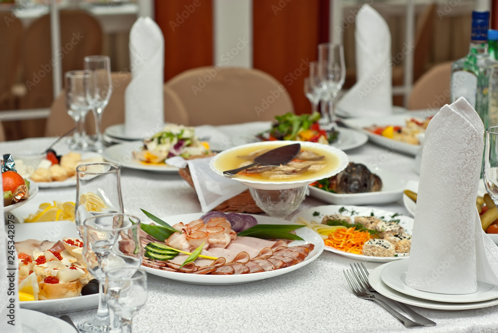 delicious dishes on the table in the restaurant. serving table.