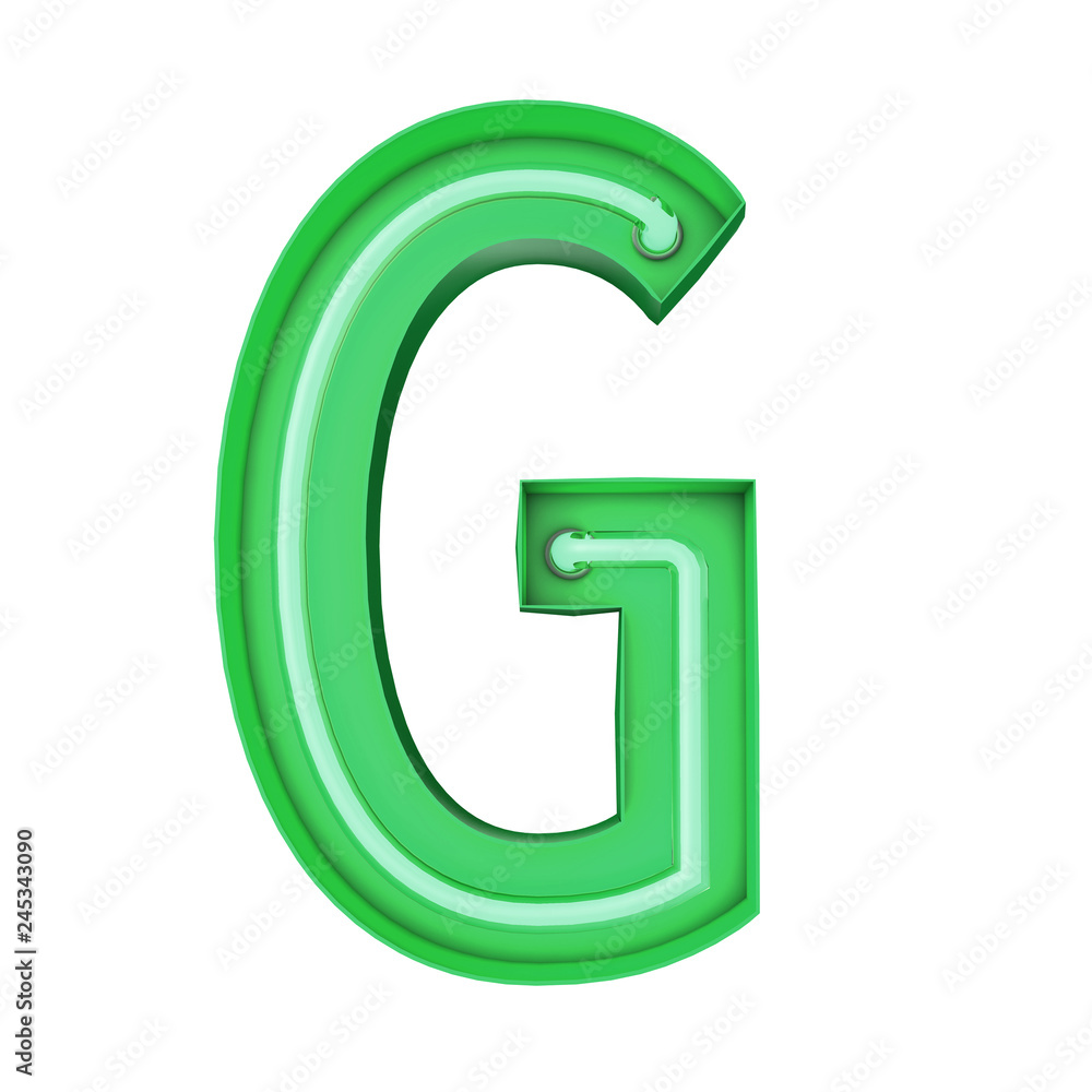 Neon style light letter G. Glowing neon Capital letter. 3D rendering