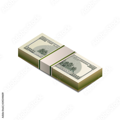 Pack of dummy one hundred US dollars banknote from back side in isometric view on white