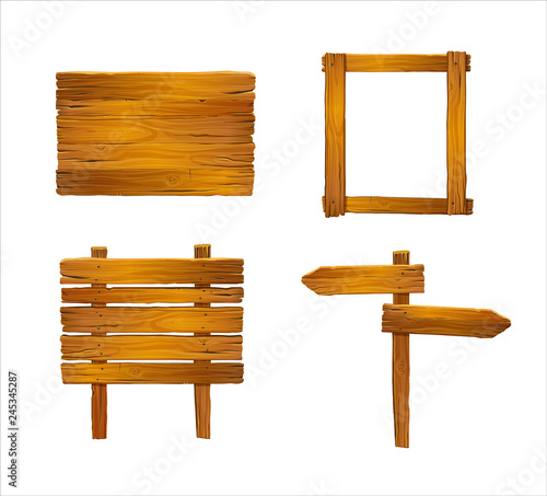 Set of vector wooden mahogany textured board, frame, planks, arrows . Old planks of shabby wood. Adventure design.