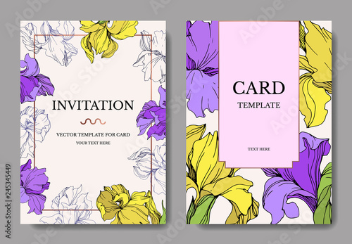 Vector Yellow and purple iris botanical flower. Engraved ink art. Wedding background card floral decorative border.