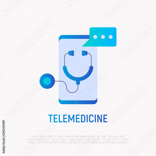 Telemedicine gradient flat icon: stethoscope with speech bubble on screen of smartphone. Modern vector illustration of online medical consultant.