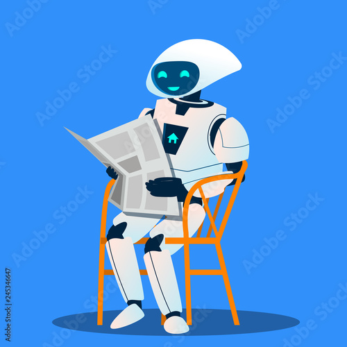 Robot Resting On Chair And Reading Newspaper Vector. Isolated Illustration