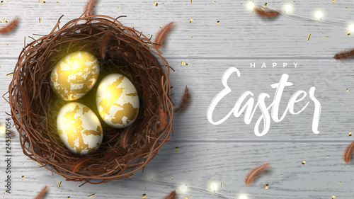 Happy Easter holiday greeting banner. Beautiful background with realistic wicker nest, white golden eggs, sparkling gold confetti, shining garland and chicken feathers. Holiday vector illustration.