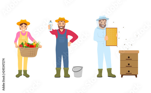 Woman and Beekeeper in Uniform Vector Illustration