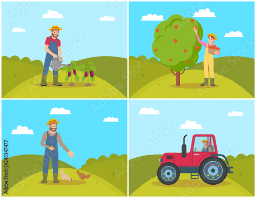 Farmer Watering Aubergines Set Vector Illustration