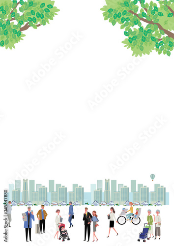 新緑 町と人々 町並み イラスト デザイン Stock Vector Adobe Stock