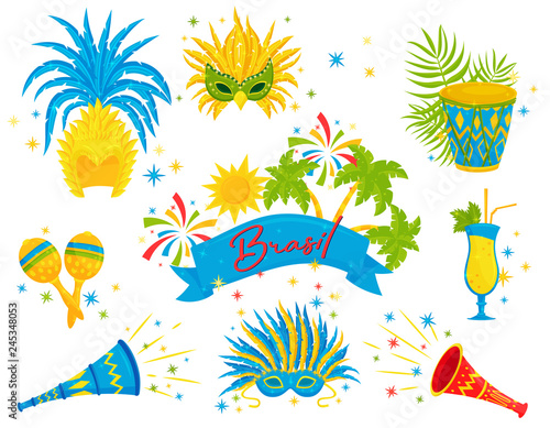 Flat vector set of Brazilian festive attributes. Cocktail, carnival noisemakers and musical instruments