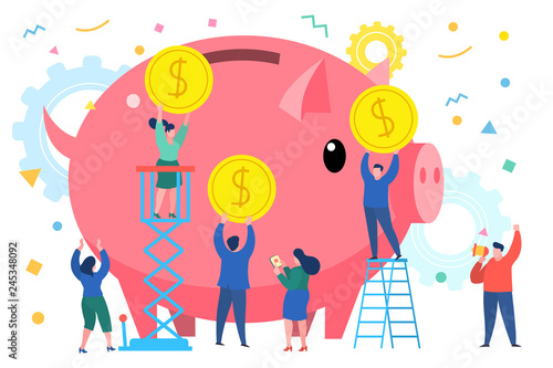 Mini business people bring money in a giant piggy bank