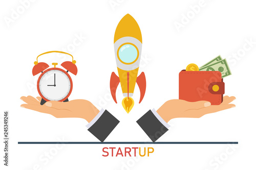 The concept of time in business. Time to start a startup, quick project implementation. Time for a start-up, quickly come up with a business idea. Vector illustration.