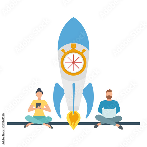 The concept of time in business. Time to start a startup, quick project implementation. Time for a start-up, quickly come up with a business idea. Vector illustration.