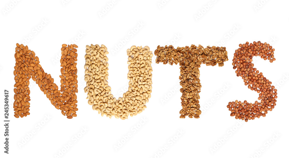 Word Nuts with letters made from different whole nuts on a white background Word Nuts with letters made from different whole nuts on a white background