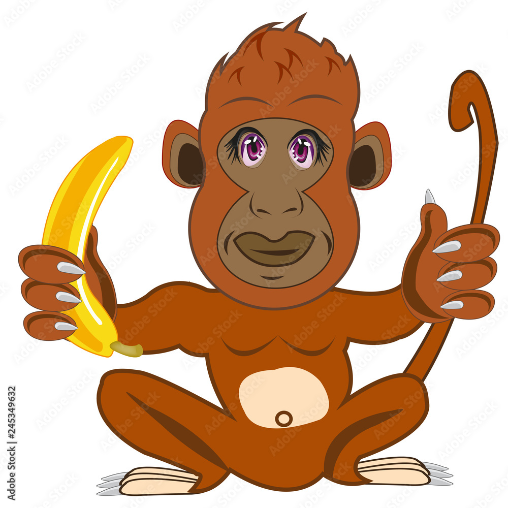 Obraz premium Cartoon tropical animal ape with banana in paw
