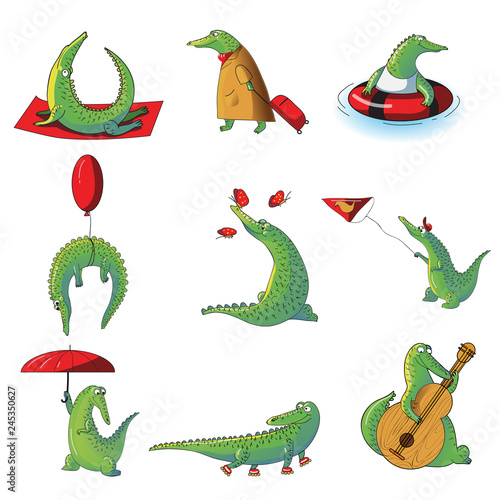 Cartoon vector set of humanized crocodiles in different situations. Wild alligator. Funny humanized animal