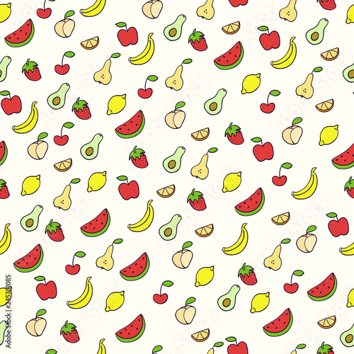 Doodle illustration of fruits. Seamless pattern with fruits. Hand drawn vector illustration made in cartoon style. Apple, banana, watermelon, peach, strawberry, pear, lemon.