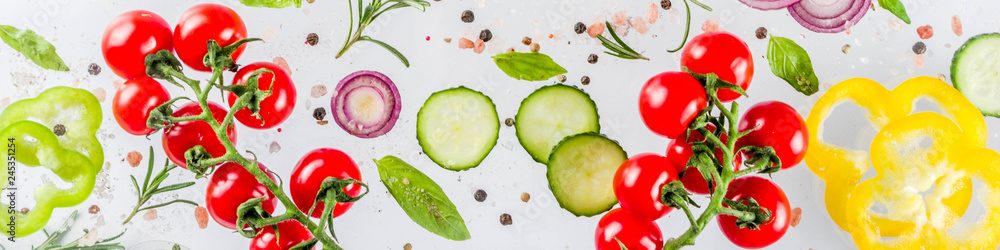 Vegan healthy food concept. Ingredients cooking spring vitamin salad. Fresh vegetable simple pattern, layout with tomatoes, onions, herbs and spices on white background. Top view banner copy space