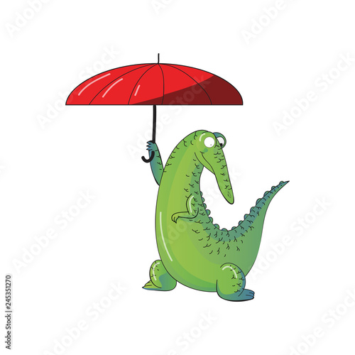 Funny humanized crocodile holding bright red umbrella. Green alligator. Wild animal. Cartoon vector design