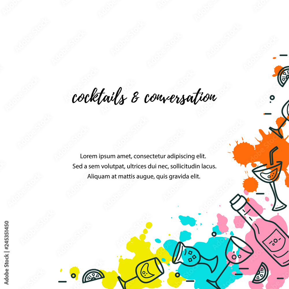 Vector illustration with cocktail glasses. Template for bar menu, party, alcohol drinks, holidays, flyer, brochure, poster, banner. Line style vector illustration.