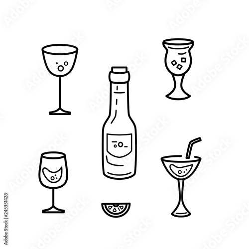 Set of cocktail and wine glasses and bottle. Line style vector illustration.