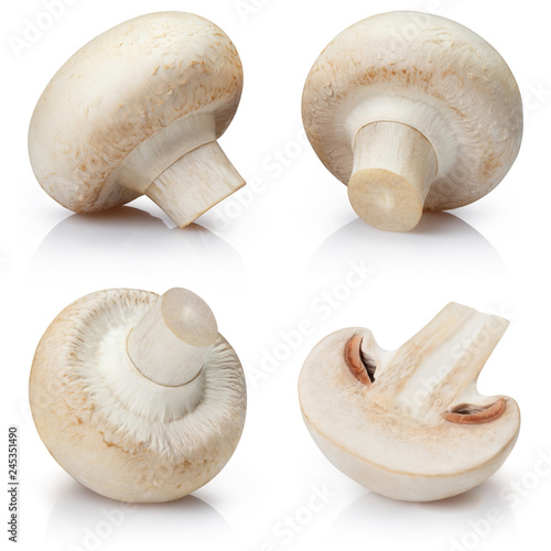 Set of fresh champignon mushrooms, isolated on white background