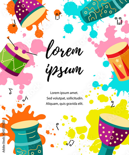 Vector illustration with drums and paint splashes. Template for party, drum school, invitation, poster, card, flyer, banner. Place for your text