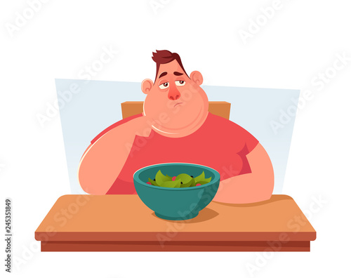 Funny Cartoon Character. Fat Man Doesn't Want to Eat Salad. Vector Illustration