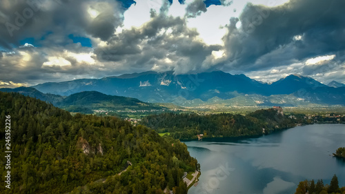 Fototapeta Naklejka Na Ścianę i Meble -  Aerial view of Bled lake near the Bled town in Slovenia. National park Triglav, part of Alps mountains called Julian Alps.
