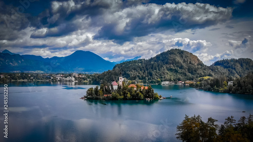 Aerial view of Bled lake near the Bled town in Slovenia. National park Triglav, part of Alps mountains called Julian Alps.