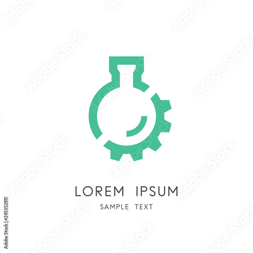 Lab and gear wheel logo - test tube and pinion symbol. Laboratory and medical equipment, chemical industry and technology vector icon.