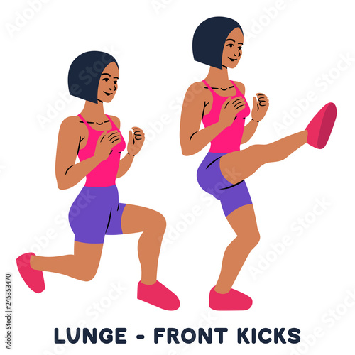 Lunges. Front kicks. Sport exersice. Silhouettes of woman doing exercise. Workout, training.