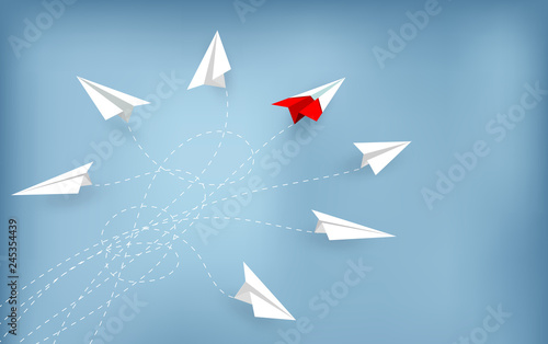Red paper plane changing direction from white. new idea. different business concept. courage to risk. leadership. on background blue. illustration cartoon vector