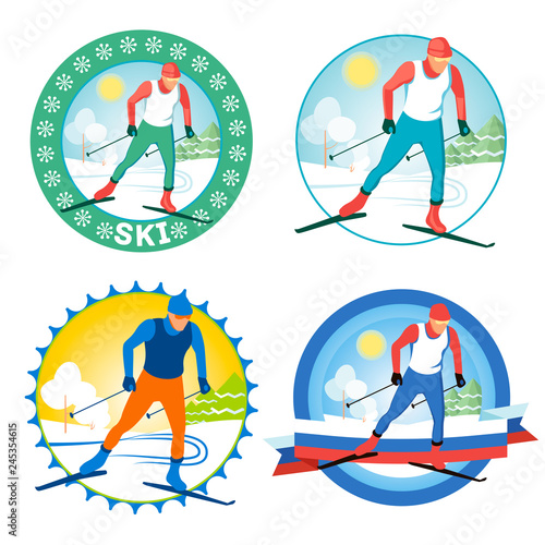  Young Athlete is skiing in competitions in the forest, winter landscape. Round logo, vector illustration