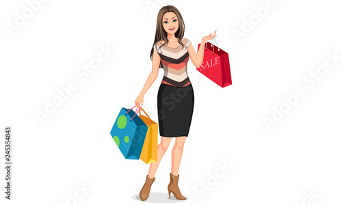 young happy smiling woman with shopping bags