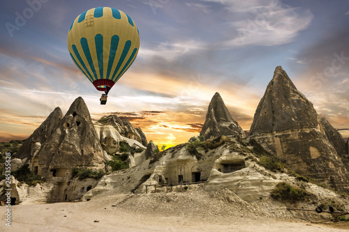 Goreme rock landscape, Turkey. Hot air balloon