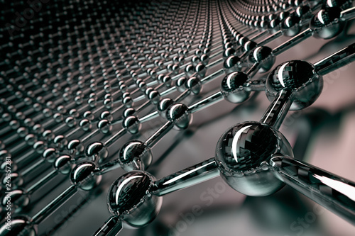 3D rendering of graphene surface, black atoms and bonds with carbon glossy structure, glossy surface
