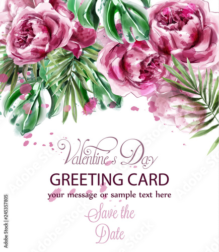 Pink peony flowers watercolor banner Vector. Exotic floral bouquet invitation...