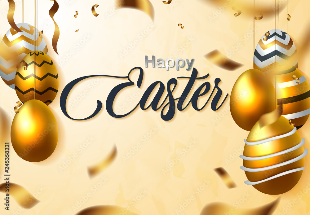 Happy Easter luxury banner background template with beautiful realistic golden eggs. Greeting card. Vector illustration