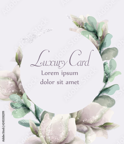 Magnolia flowers with glitter wreath frame Vector watercolor. Shiny glitterin...