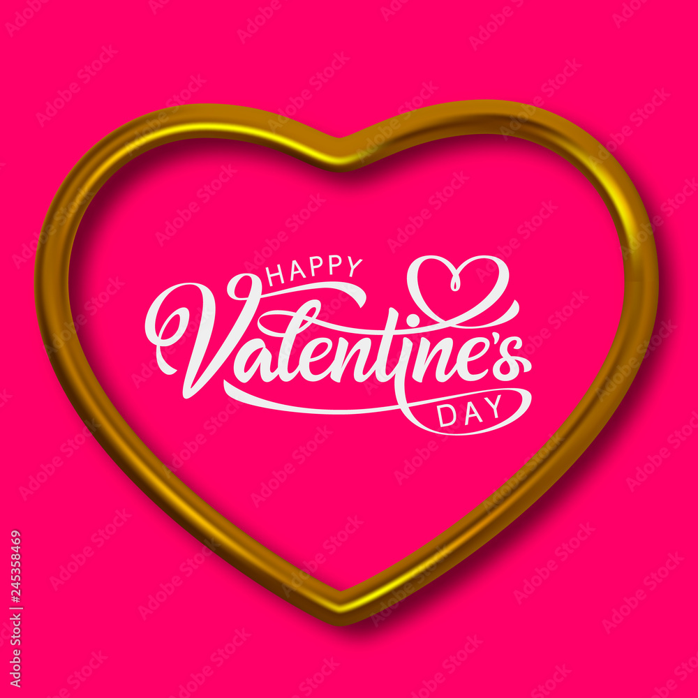 Beautiful hand lettering Valentine's Day located in the middle of the frame in the shape of a heart on a pink background. Vector Illustration. - Vector