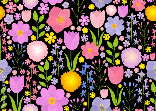 cute seamless floral pattern. vector illustration black background - Vector