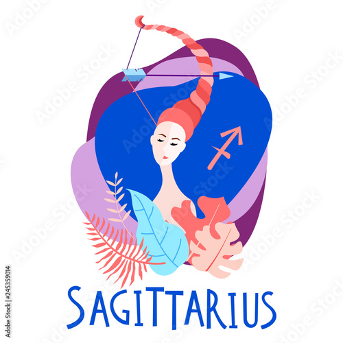 Cartoon illustration of zodiac sign Sagittarius as a beautiful woman. Horoscope for girl.