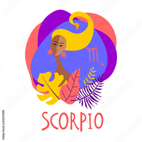 Cartoon illustration of zodiac sign Scorpio as a beautiful woman. Horoscope for girl.