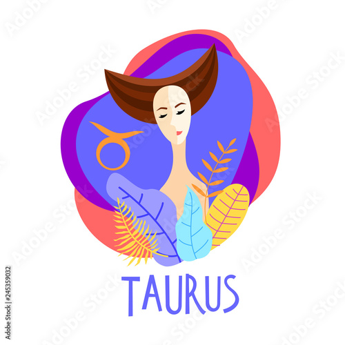 Cartoon illustration of zodiac sign Taurus as a beautiful woman. Horoscope for girl.
