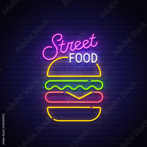 Street food neon sign, bright signboard, light banner. Burger logo neon, emblem. Vector illustration