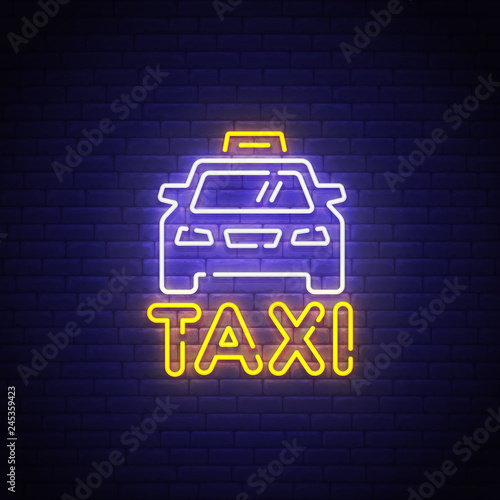 Taxi neon sign, bright signboard, light banner. Taxi logo neon, emblem. Vector illustration